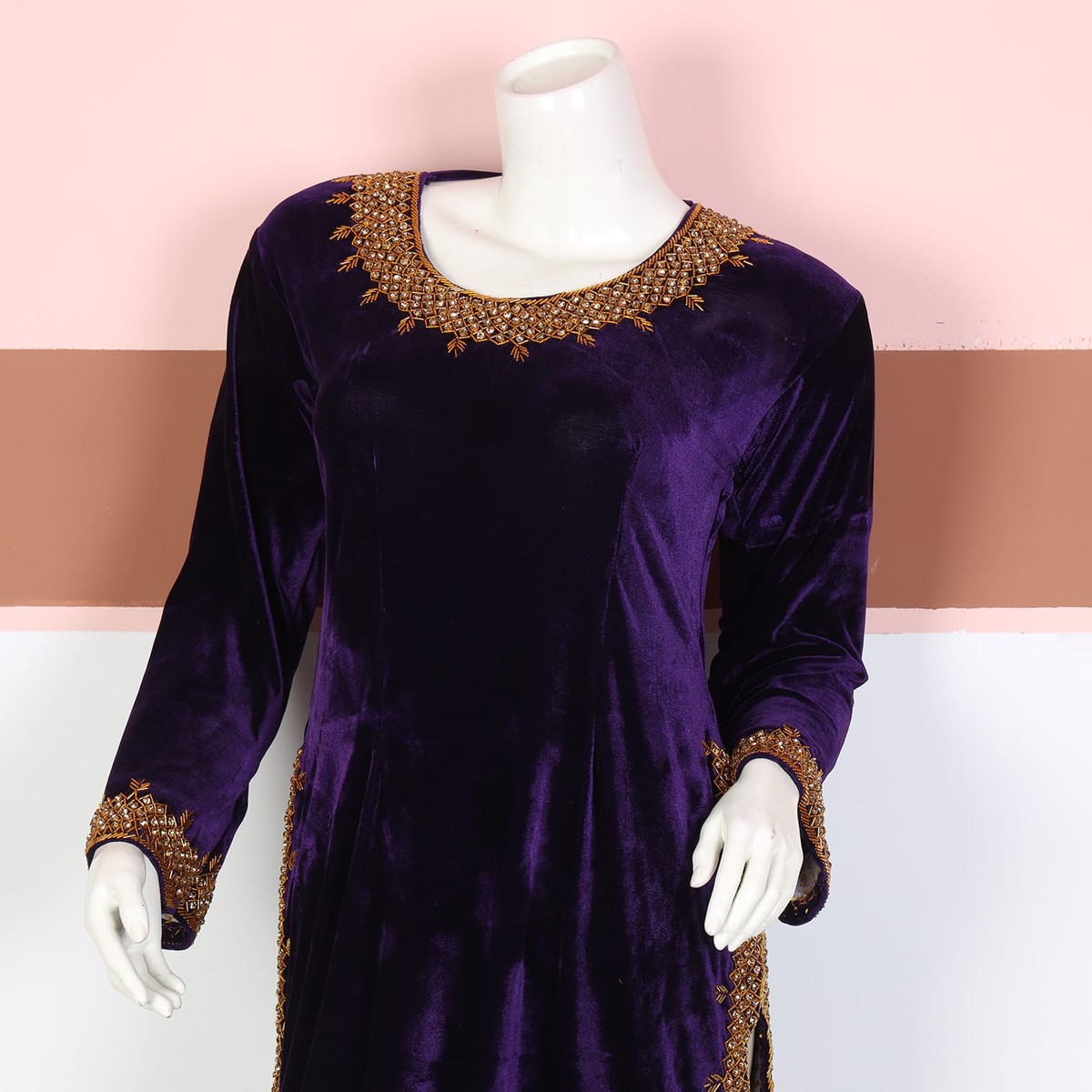 Deep Purple Velvet Afghani Dress with Golden Beadwork 4