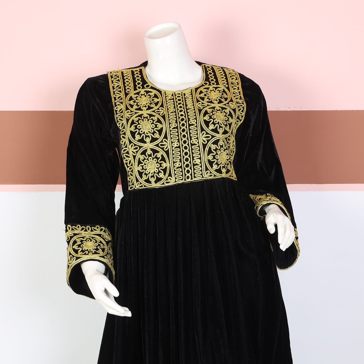 Black Velvet Afghani Dress with Golden Embroidery - Cloth Sizes Women: Large
