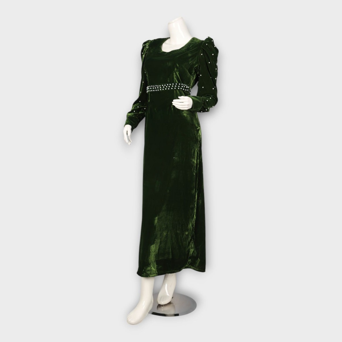 Dark Green Velvet Maxi Dress with Pearl-Studded Sleeves and Belt 2
