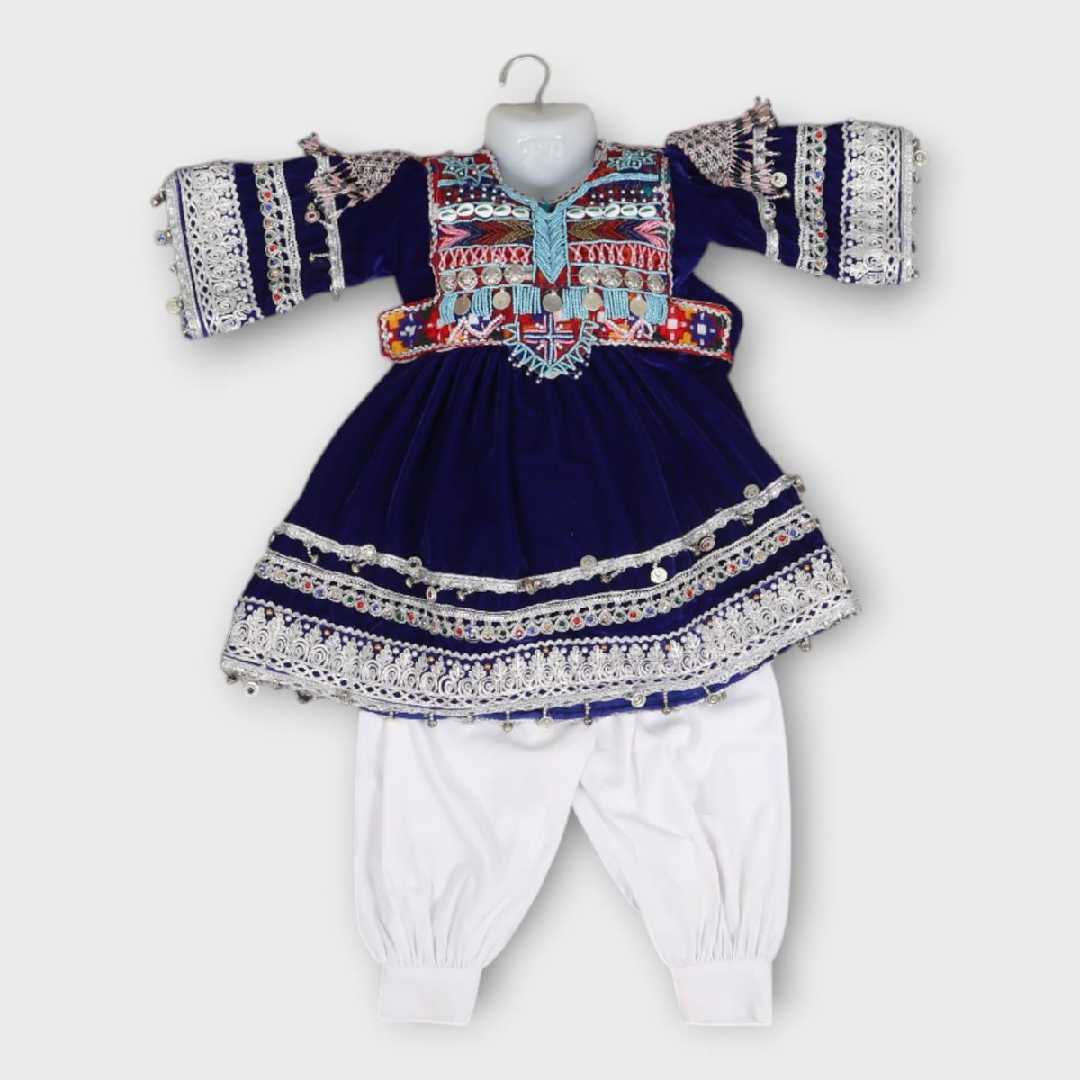 Navy Blue Traditional Afghan Dress for Girls with White Trousers | Aseel