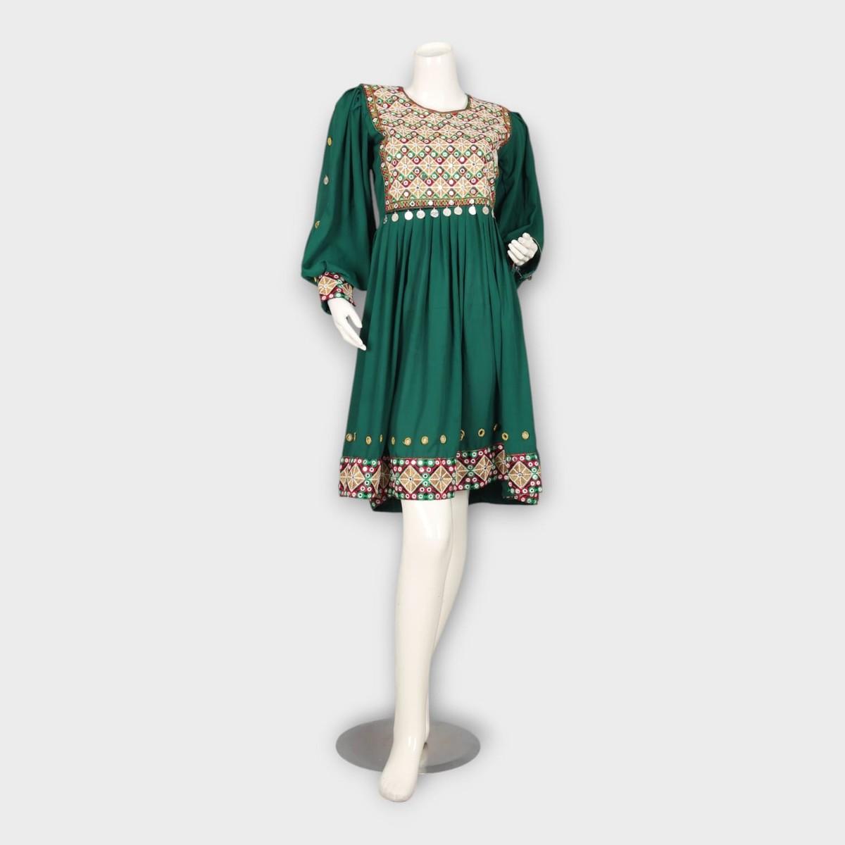 Emerald Green Short Afghan Dress with Traditional Embroidery 5