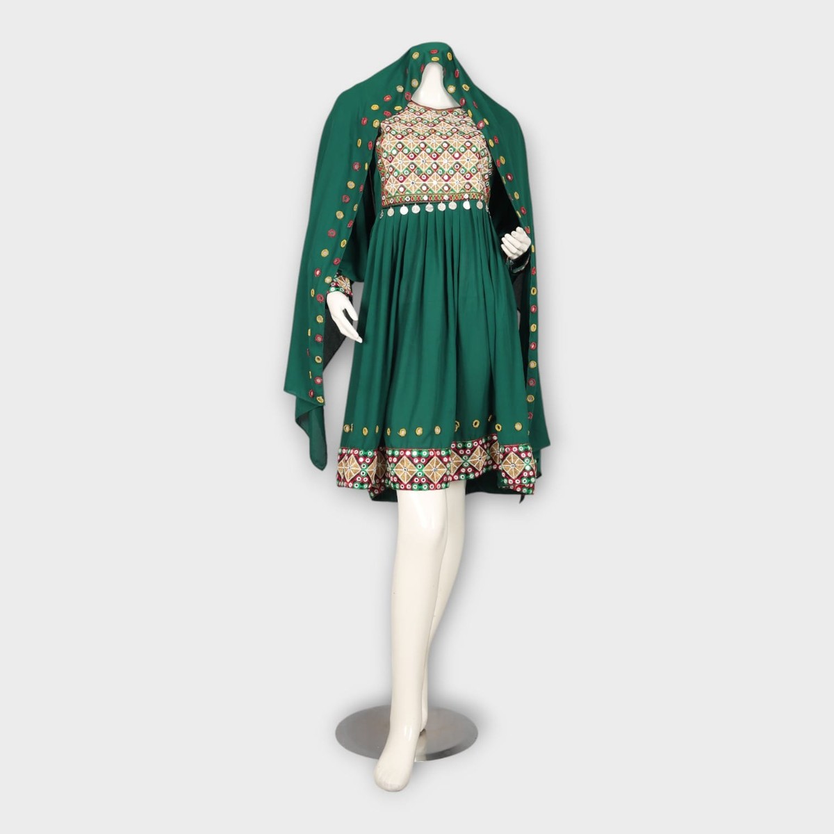 Emerald Green Short Afghan Dress with Traditional Embroidery 2