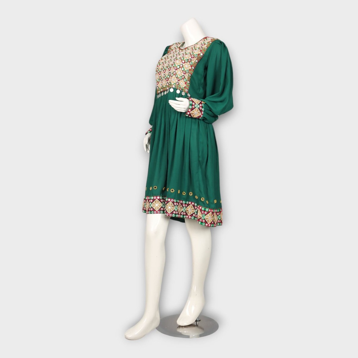 Emerald Green Short Afghan Dress with Traditional Embroidery 4