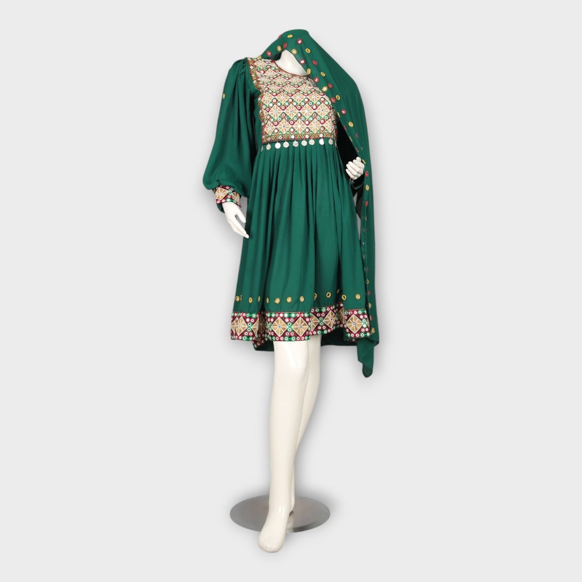 Emerald Green Short Afghan Dress with Traditional Embroidery 1