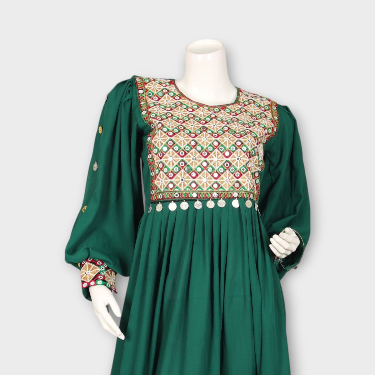 Emerald Green Short Afghan Dress with Traditional Embroidery 3