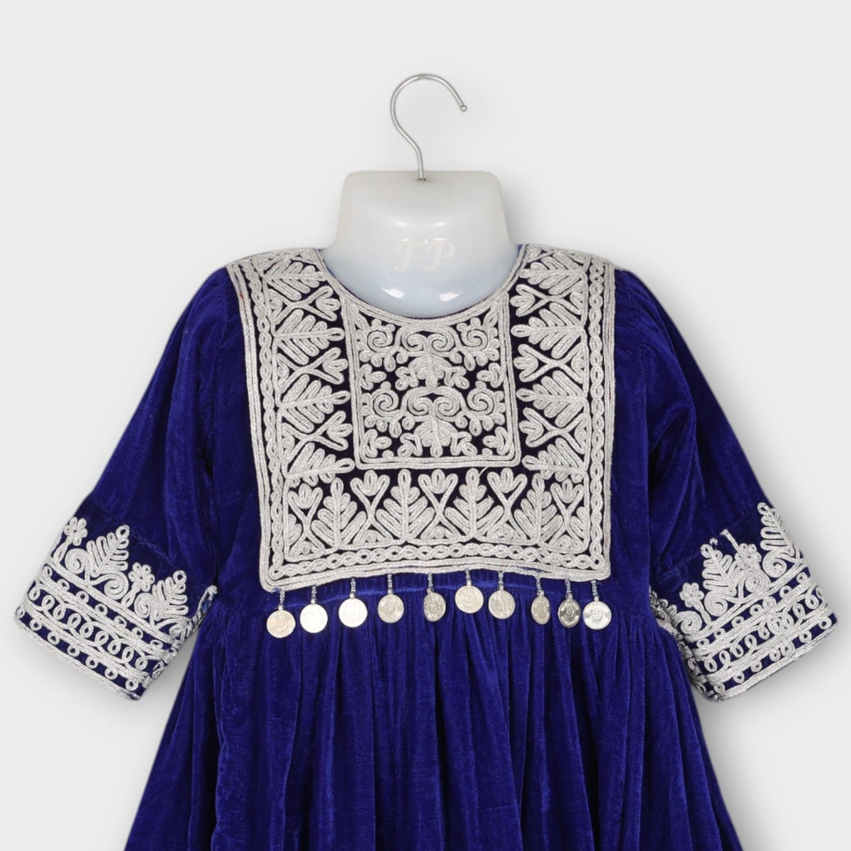Royal Blue Velvet Baby Afghan Dress with White Embroidery - Girl Kid Cloth Size: 9 Year