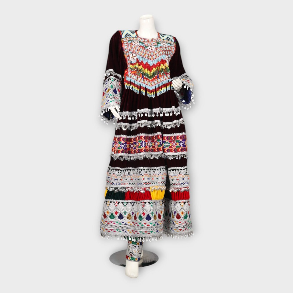 Traditional Afghan Kuchi Dress with Embroidery, Mirror Work, and Green Dupatta 6