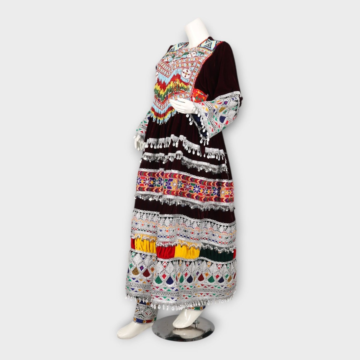Traditional Afghan Kuchi Dress with Embroidery, Mirror Work, and Green Dupatta 1