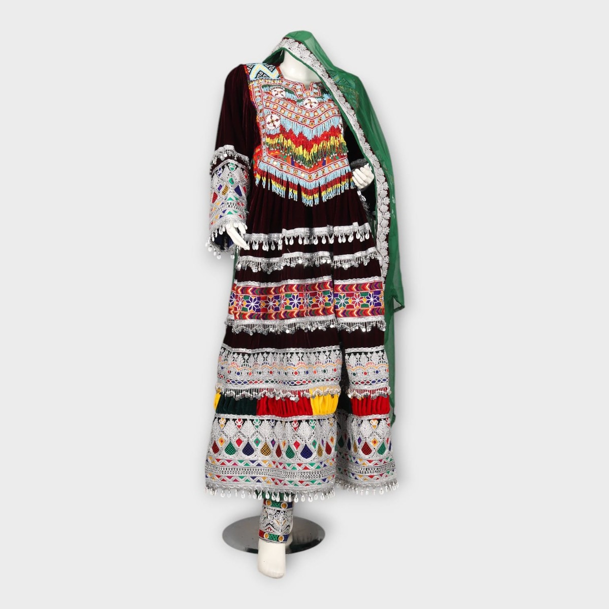 Traditional Afghan Kuchi Dress with Embroidery, Mirror Work, and Green Dupatta 2