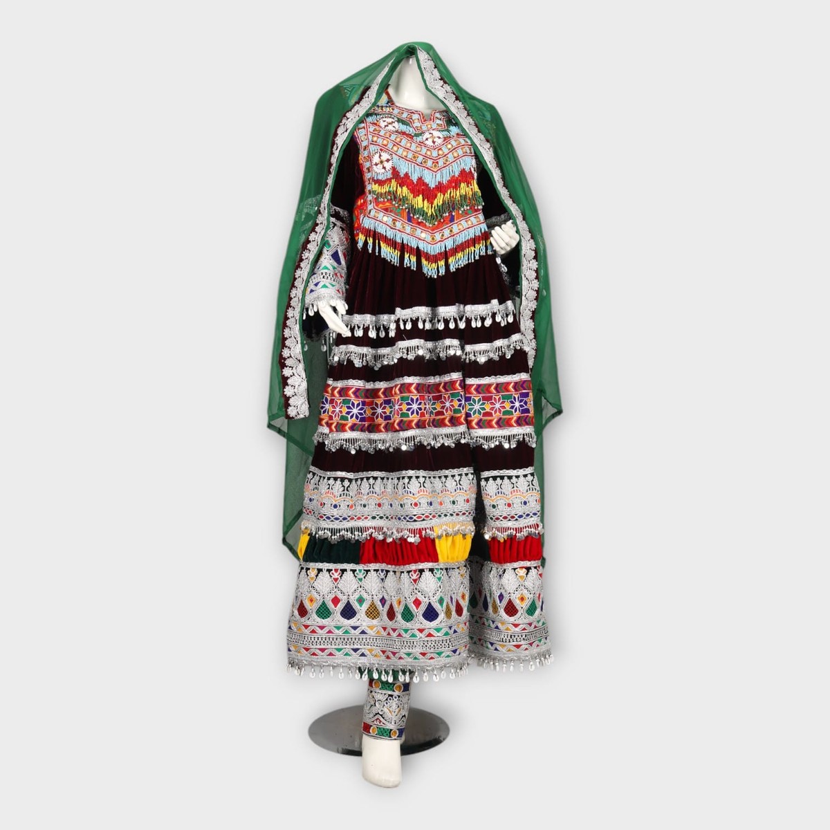 Traditional Afghan Kuchi Dress with Embroidery, Mirror Work, and Green Dupatta 5