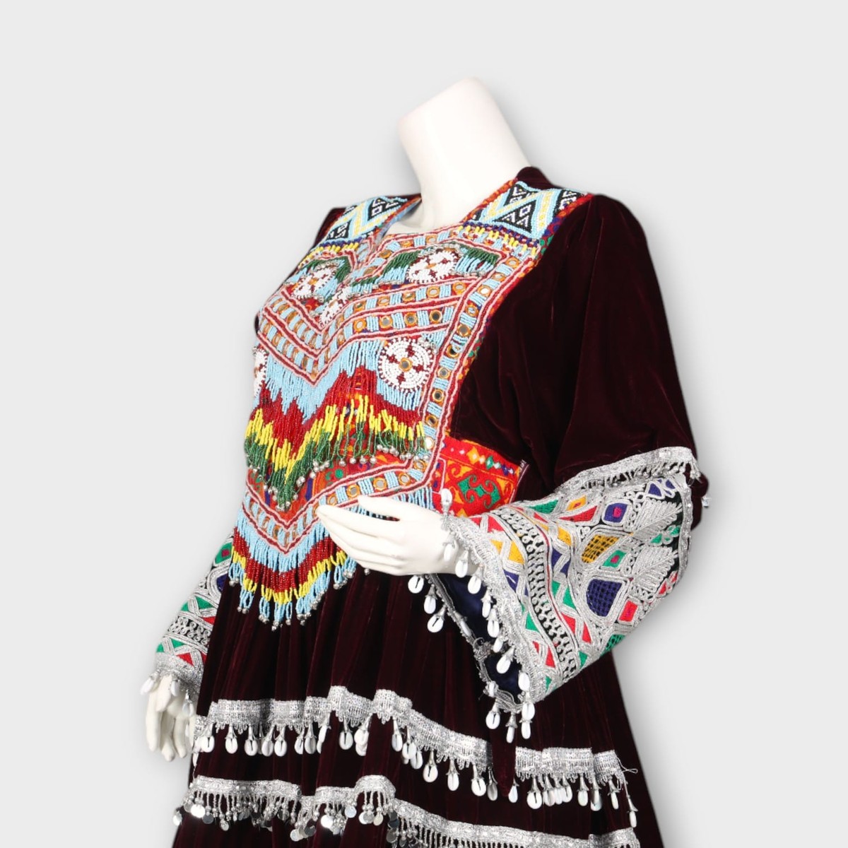 Traditional Afghan Kuchi Dress with Embroidery, Mirror Work, and Green Dupatta 3