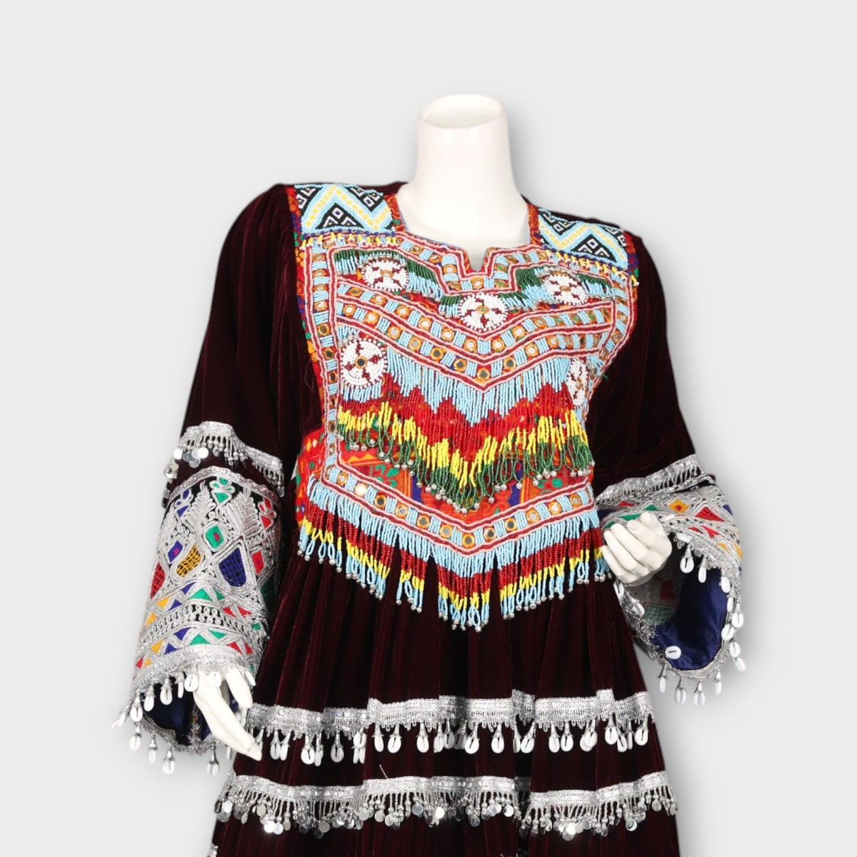 Traditional Afghan Kuchi Dress with Embroidery, Mirror Work, and Green Dupatta 4