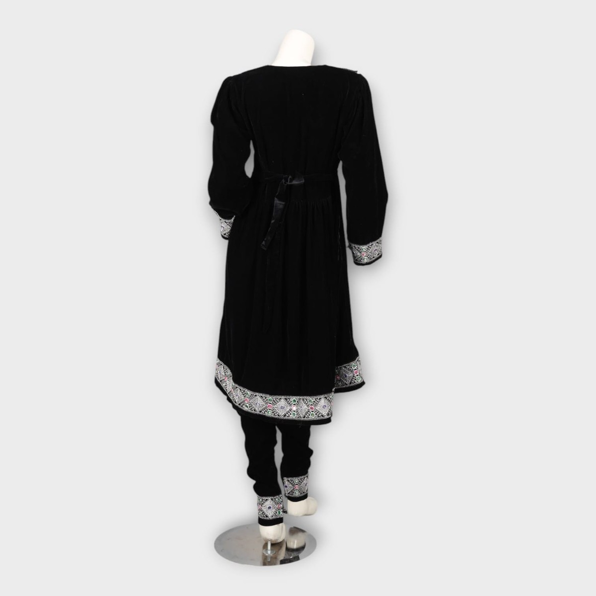 Black Velvet Afghan Dress with White Embroidery 4