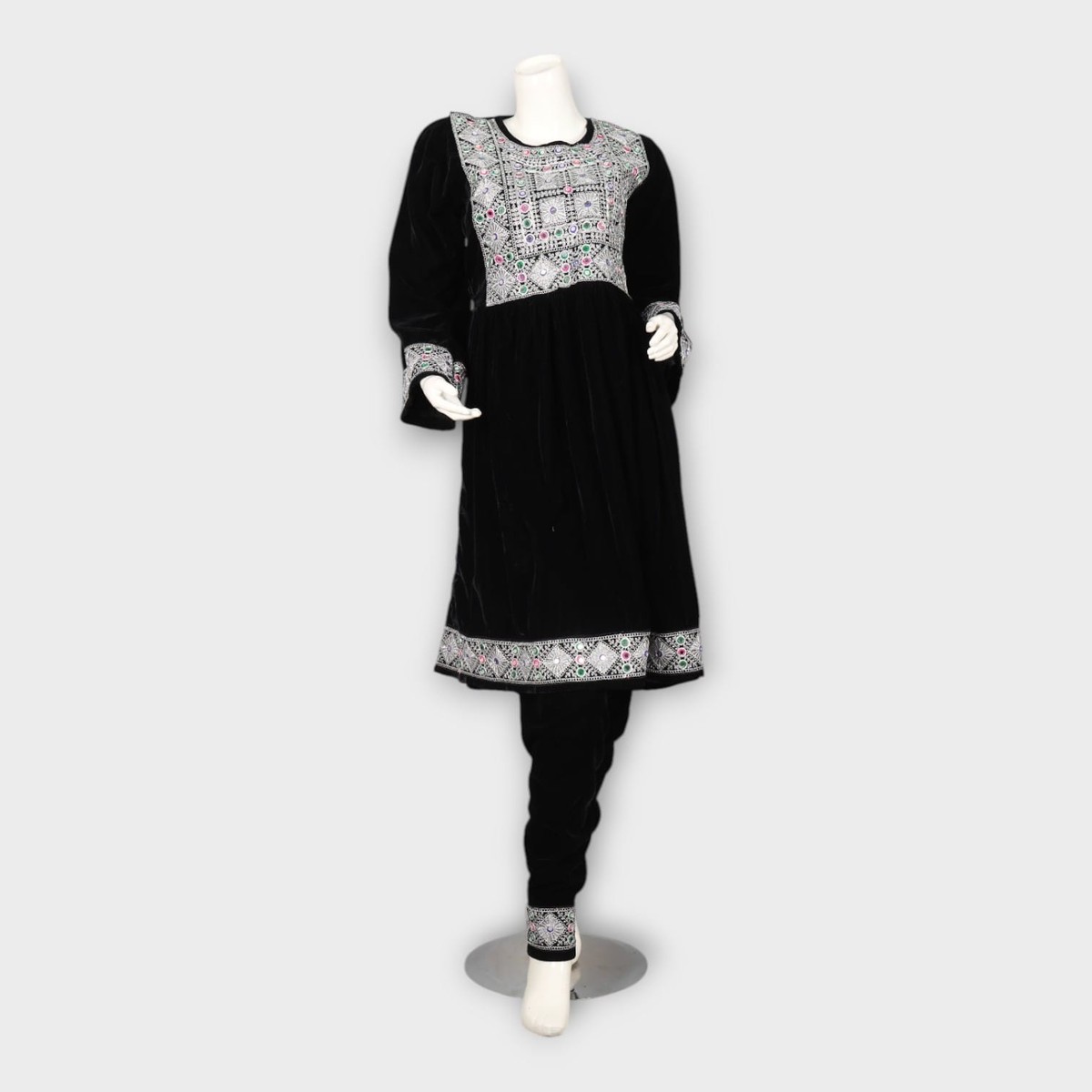 Black Velvet Afghan Dress with White Embroidery 5