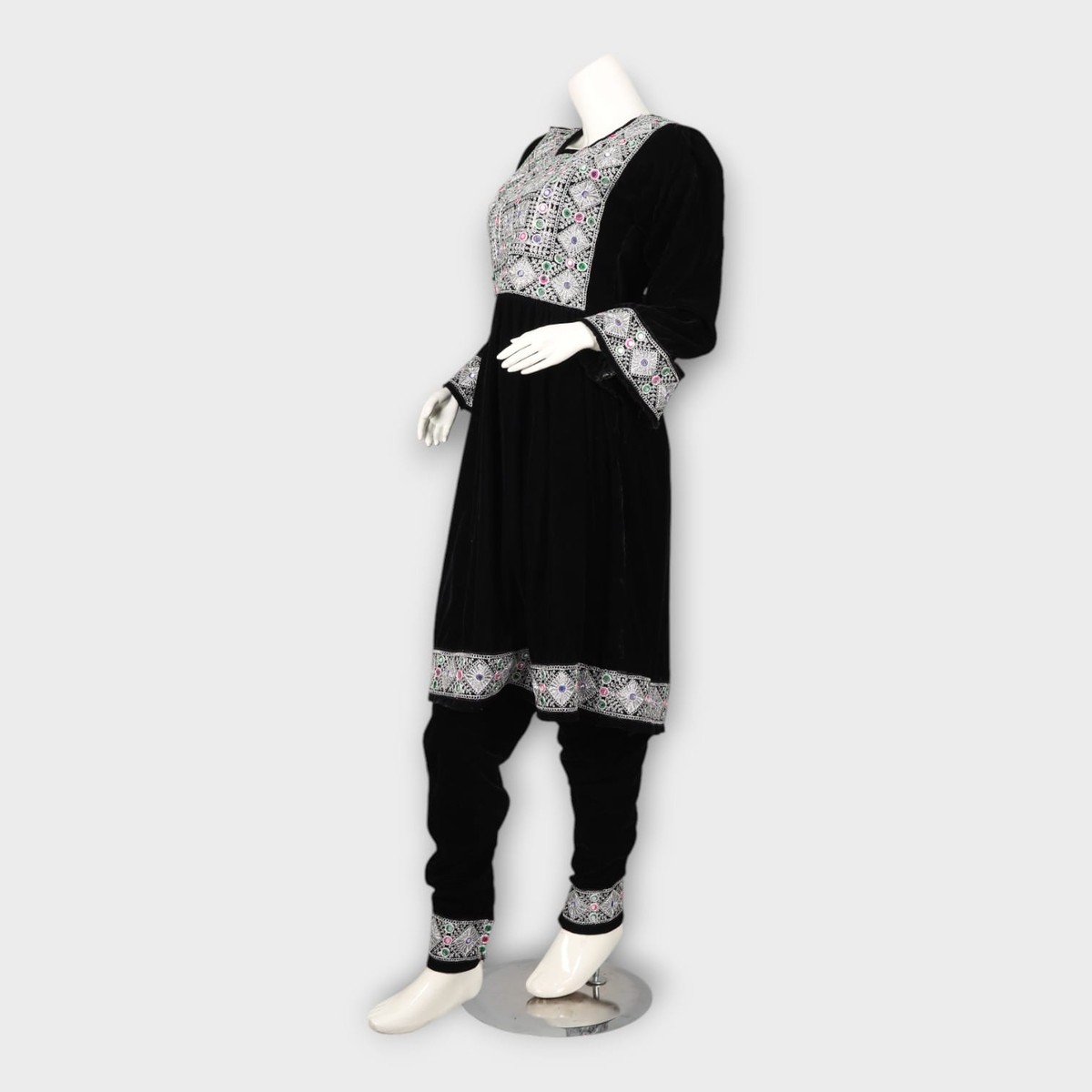 Black Velvet Afghan Dress with White Embroidery 3