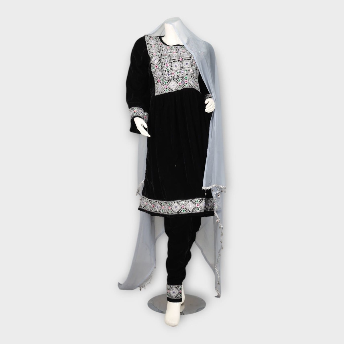 Black Velvet Afghan Dress with White Embroidery 1