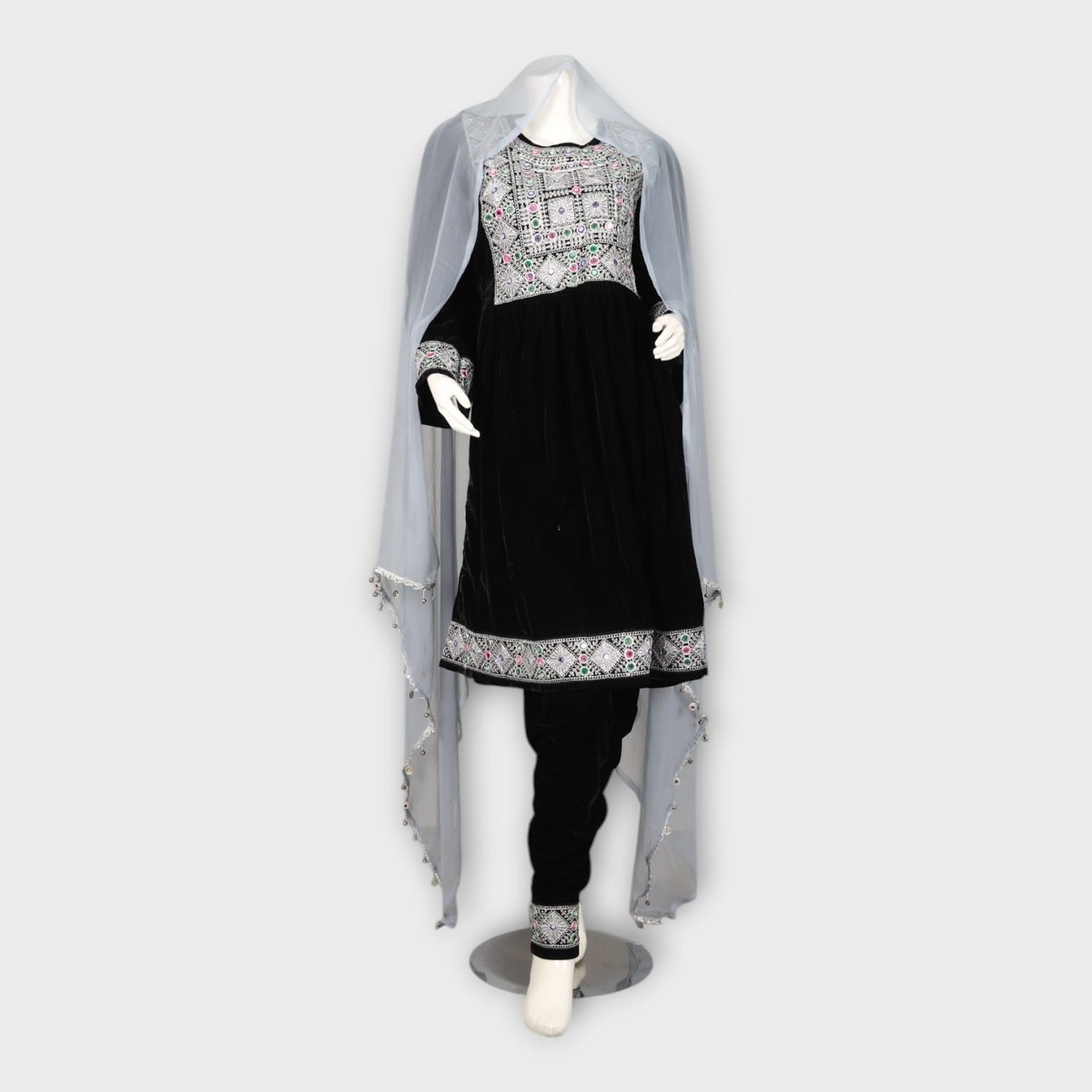 Black Velvet Afghan Dress with White Embroidery 2