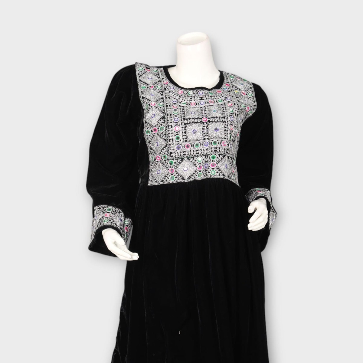 Black Velvet Afghan Dress with White Embroidery 6