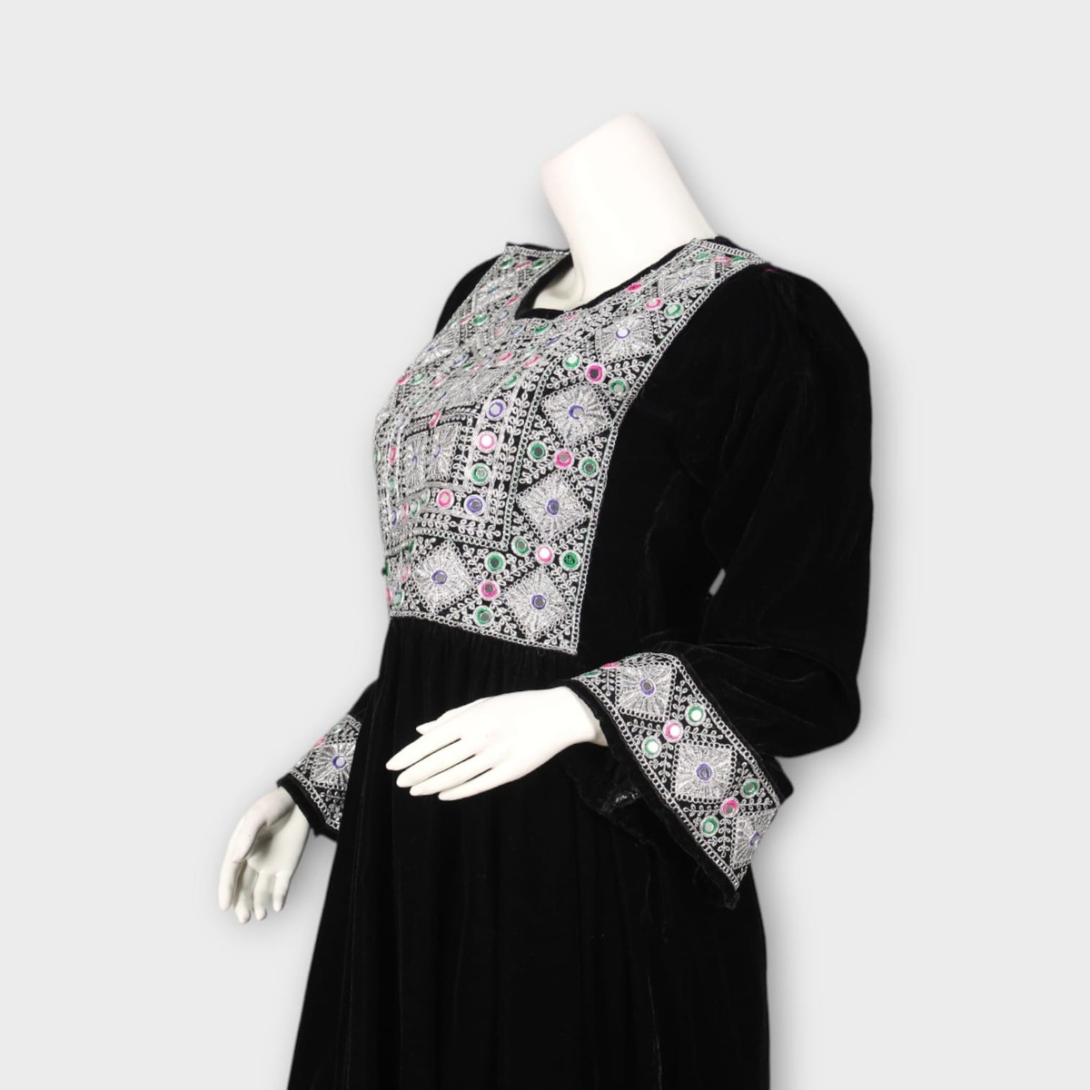 Black Velvet Afghan Dress with White Embroidery 7