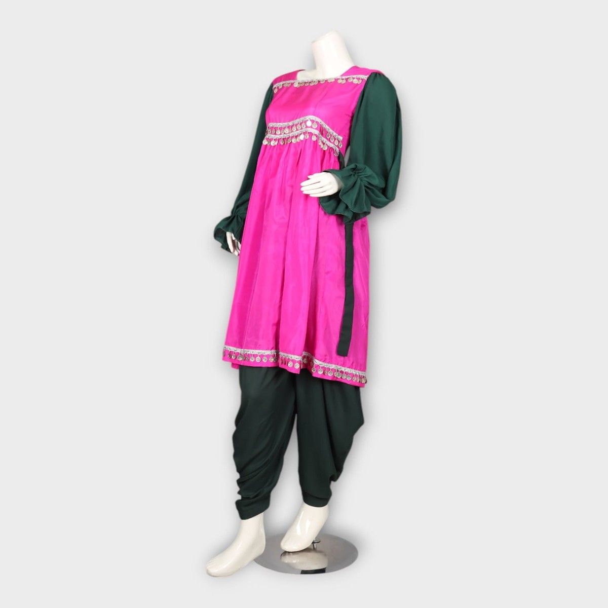 Pink and Green Traditional Ghandi Afghan Frock with Coin Embellishments 2