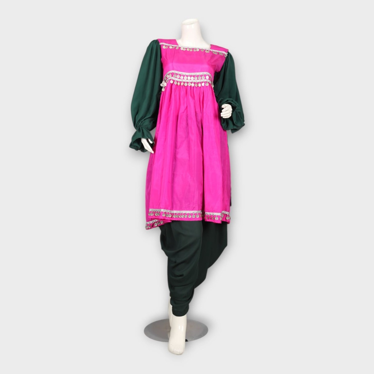 Pink and Green Traditional Ghandi Afghan Frock with Coin Embellishments 3