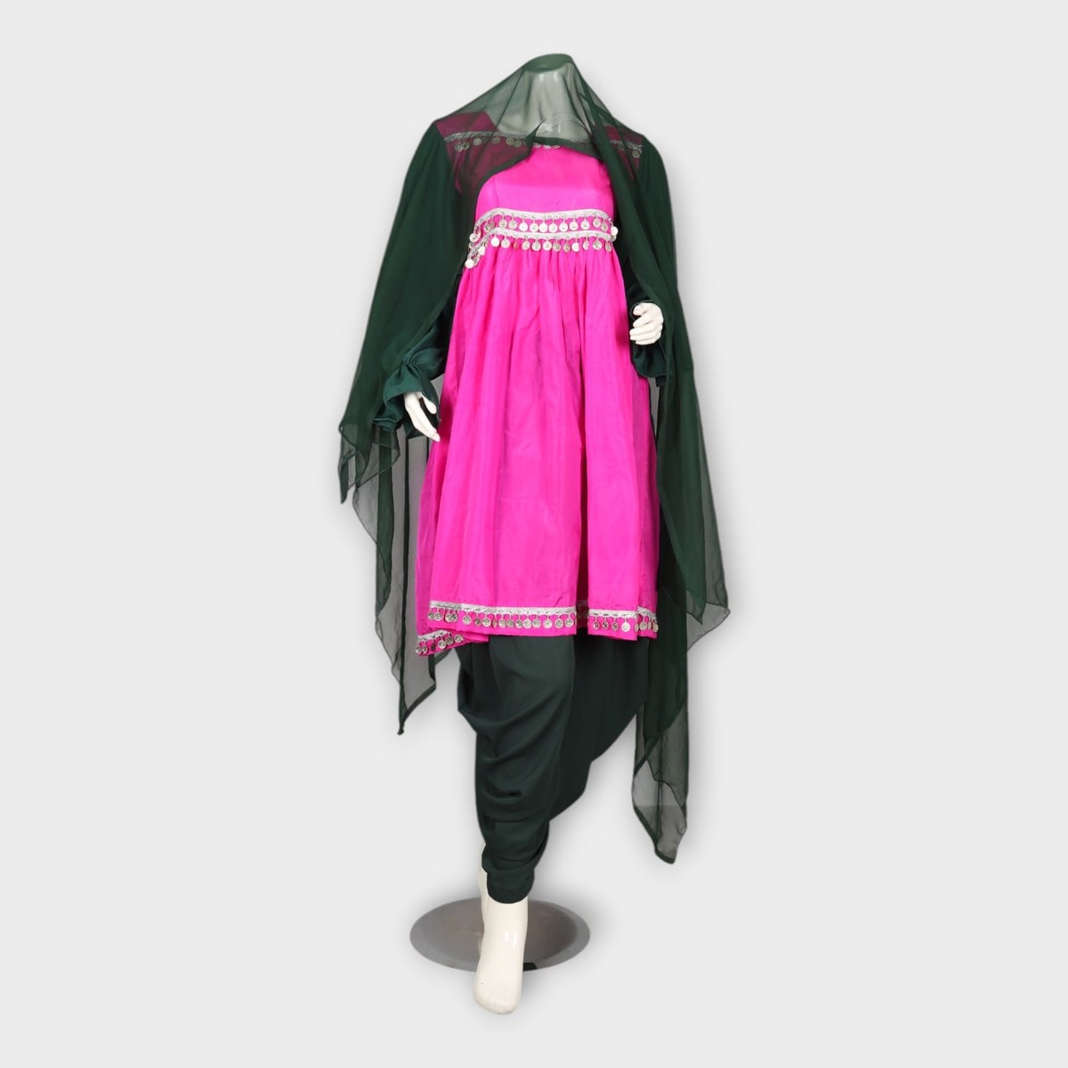 Pink and Green Traditional Ghandi Afghan Frock with Coin Embellishments 6