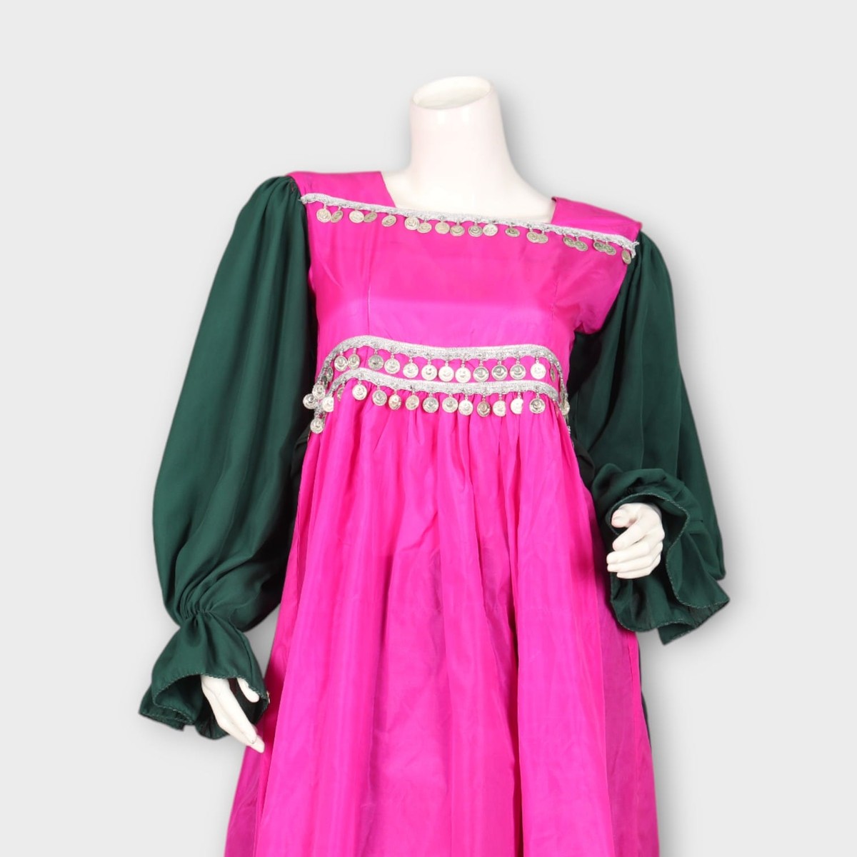 Pink and Green Traditional Ghandi Afghan Frock with Coin Embellishments 1