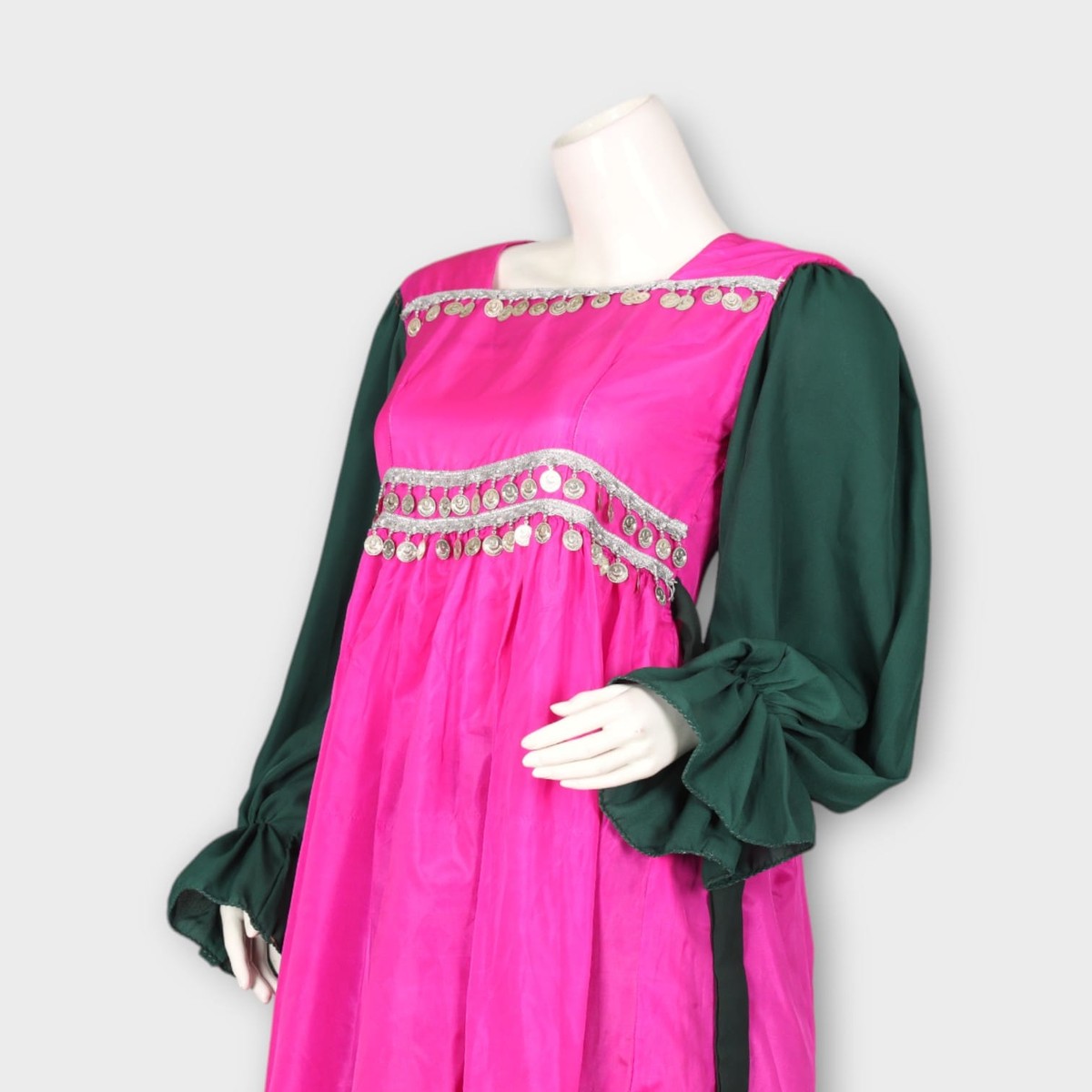 Pink and Green Traditional Ghandi Afghan Frock with Coin Embellishments 4