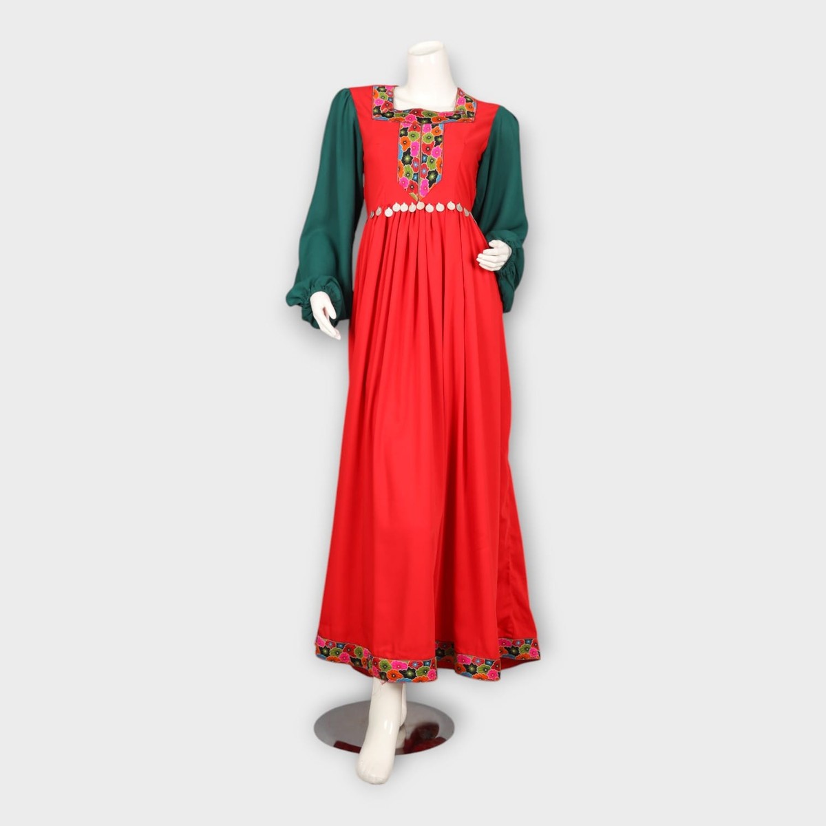 Red and Green Traditional Dress with Embroidered Chest Panel 2