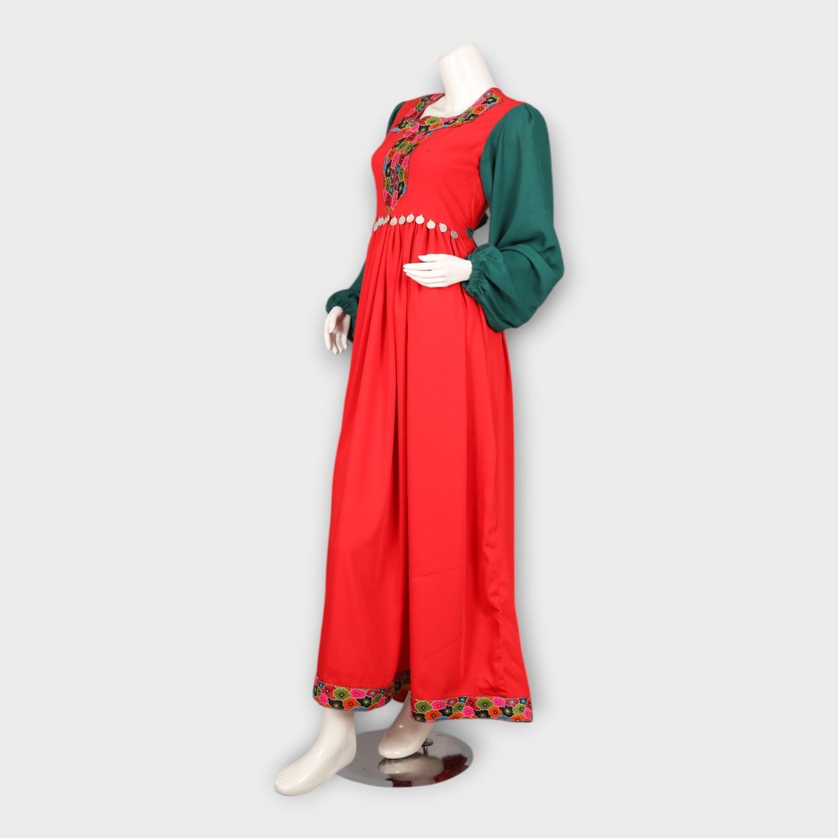 Red and Green Traditional Dress with Embroidered Chest Panel 3