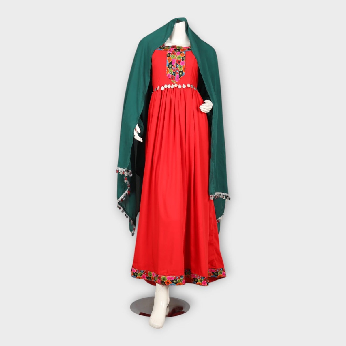 Red and Green Traditional Dress with Embroidered Chest Panel 7