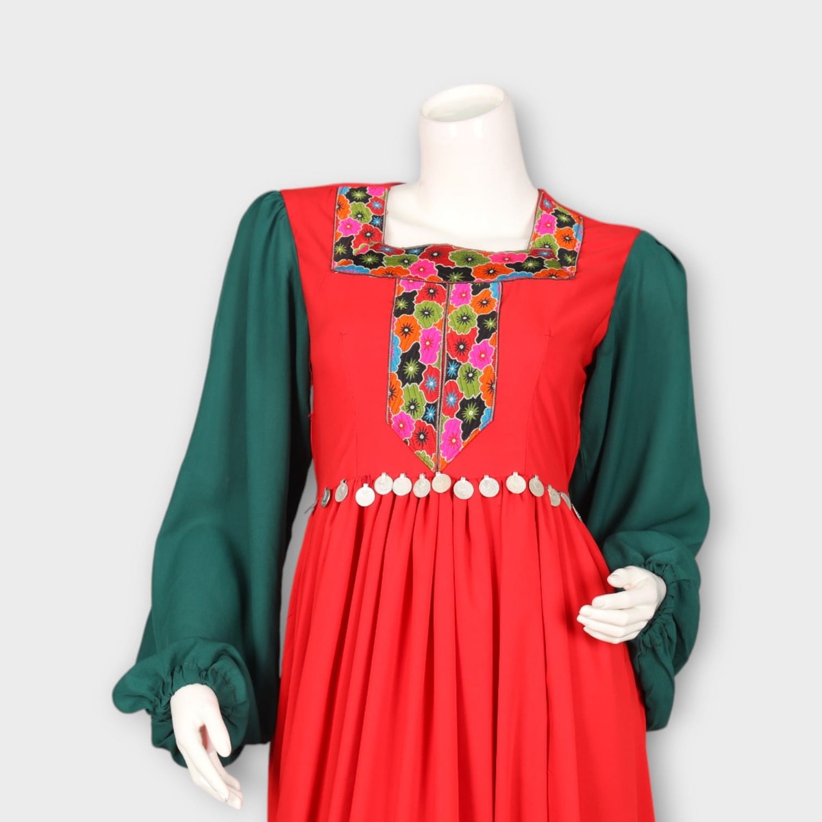 Red and Green Traditional Dress with Embroidered Chest Panel 4