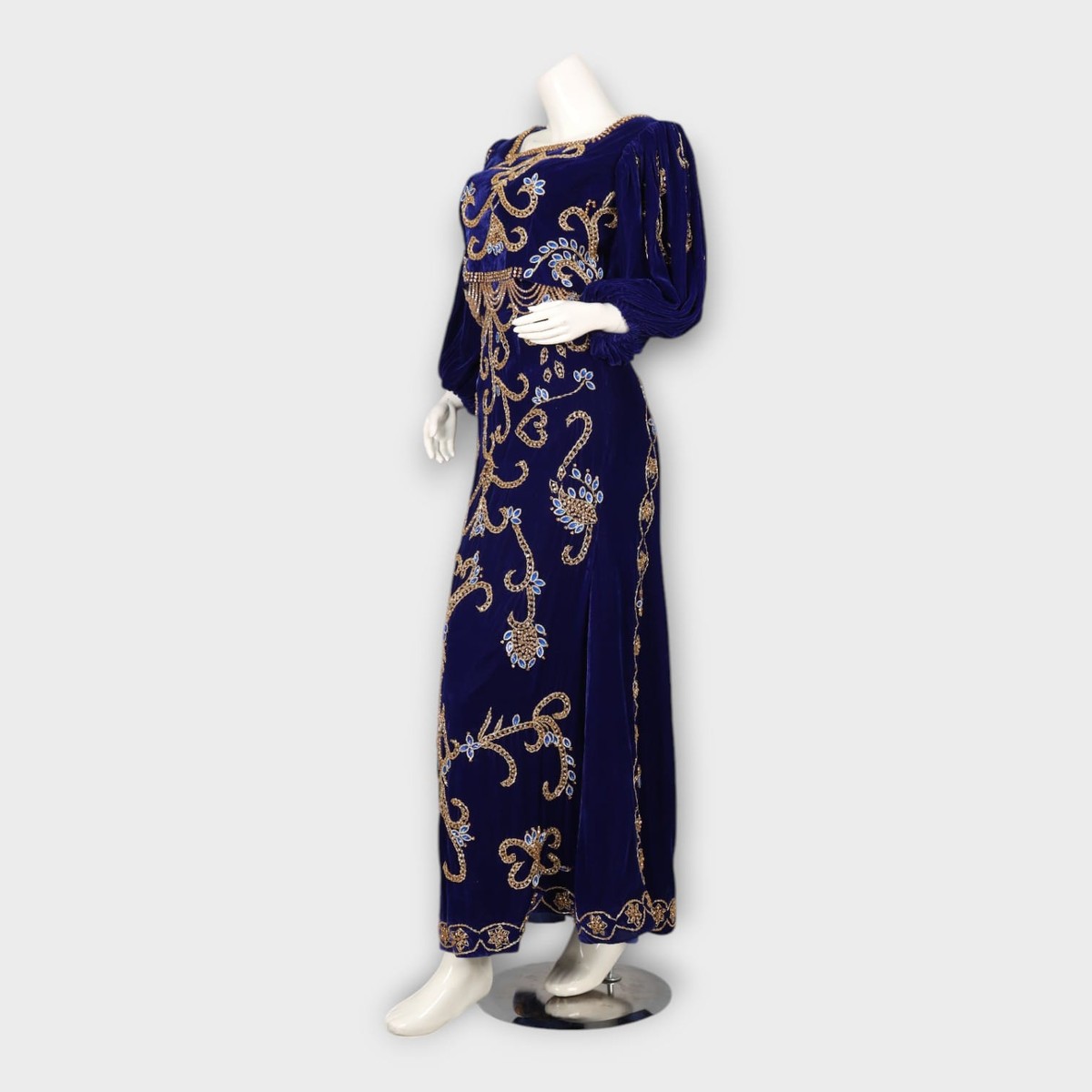 Royal Blue Velvet Fitted Afghani Evening Dress with Gold Embroidery 3