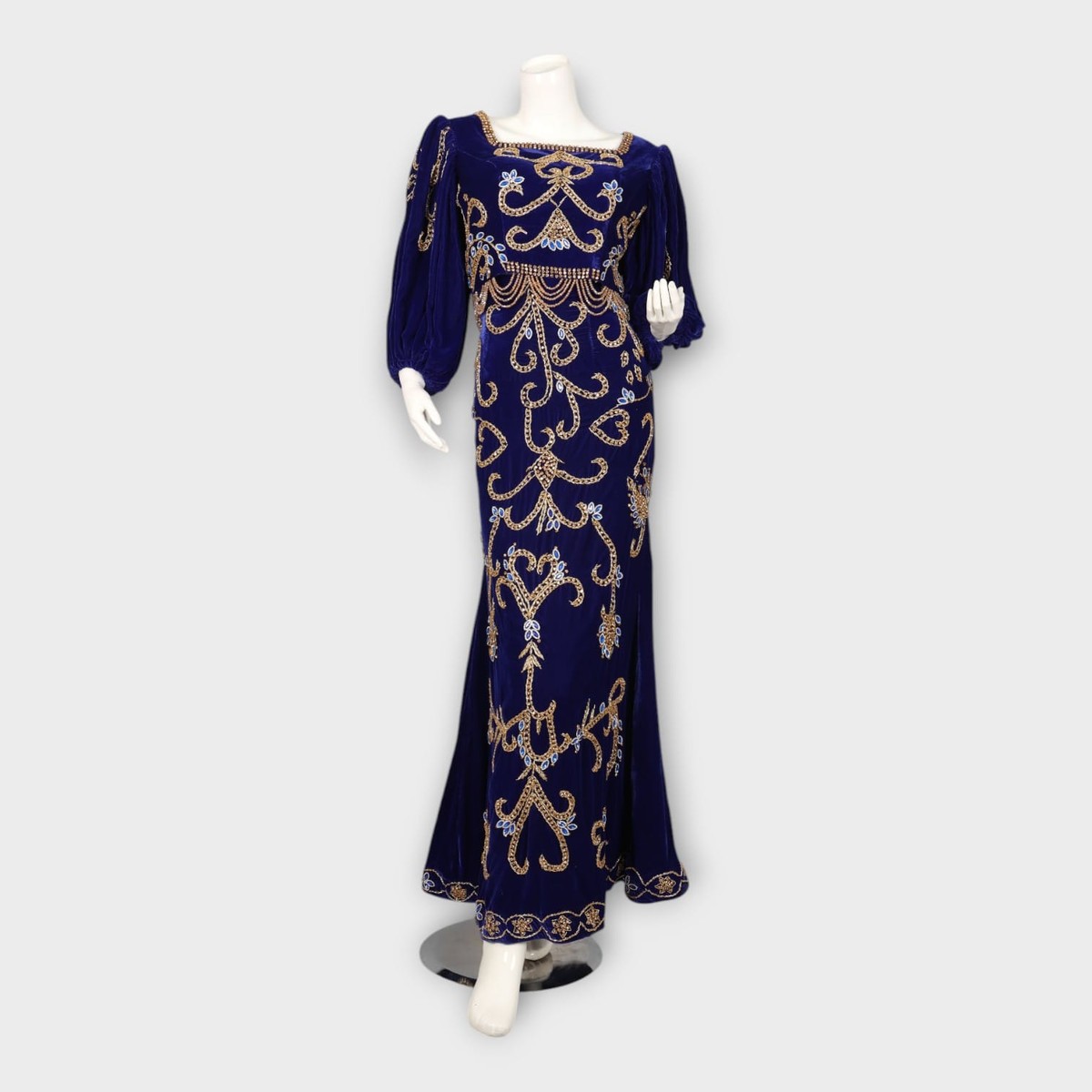Royal Blue Velvet Fitted Afghani Evening Dress with Gold Embroidery 1