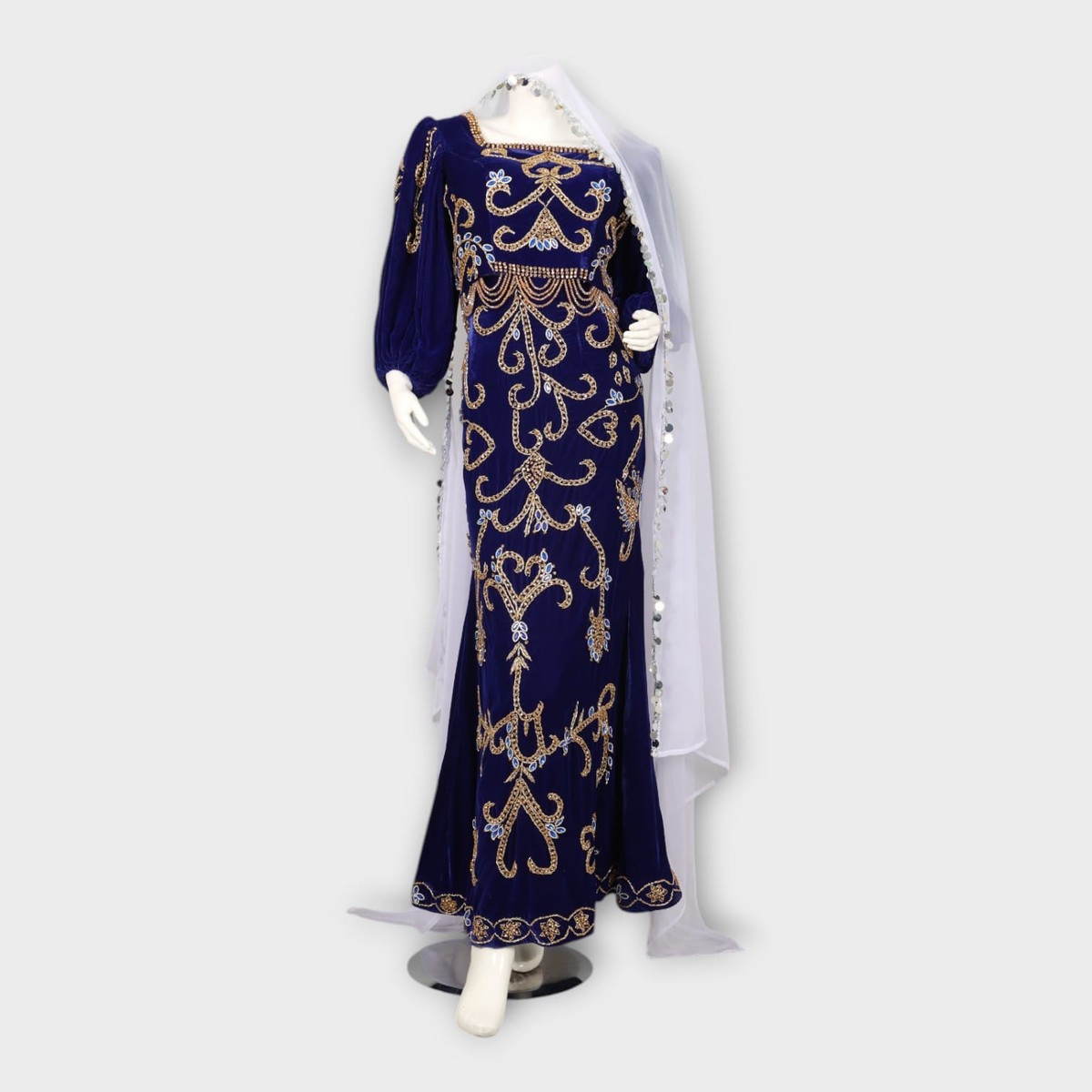 Royal Blue Velvet Fitted Afghani Evening Dress with Gold Embroidery 4
