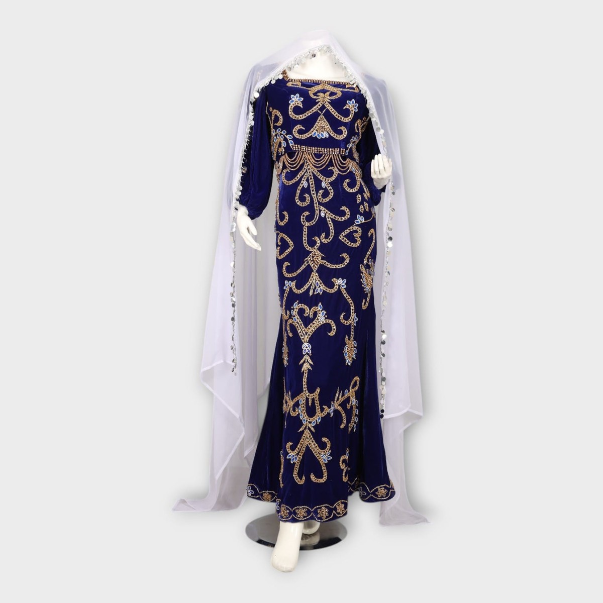 Royal Blue Velvet Fitted Afghani Evening Dress with Gold Embroidery 6