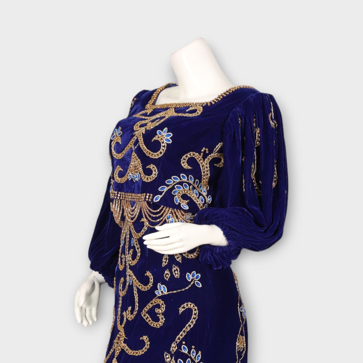 Royal Blue Velvet Fitted Afghani Evening Dress with Gold Embroidery 5