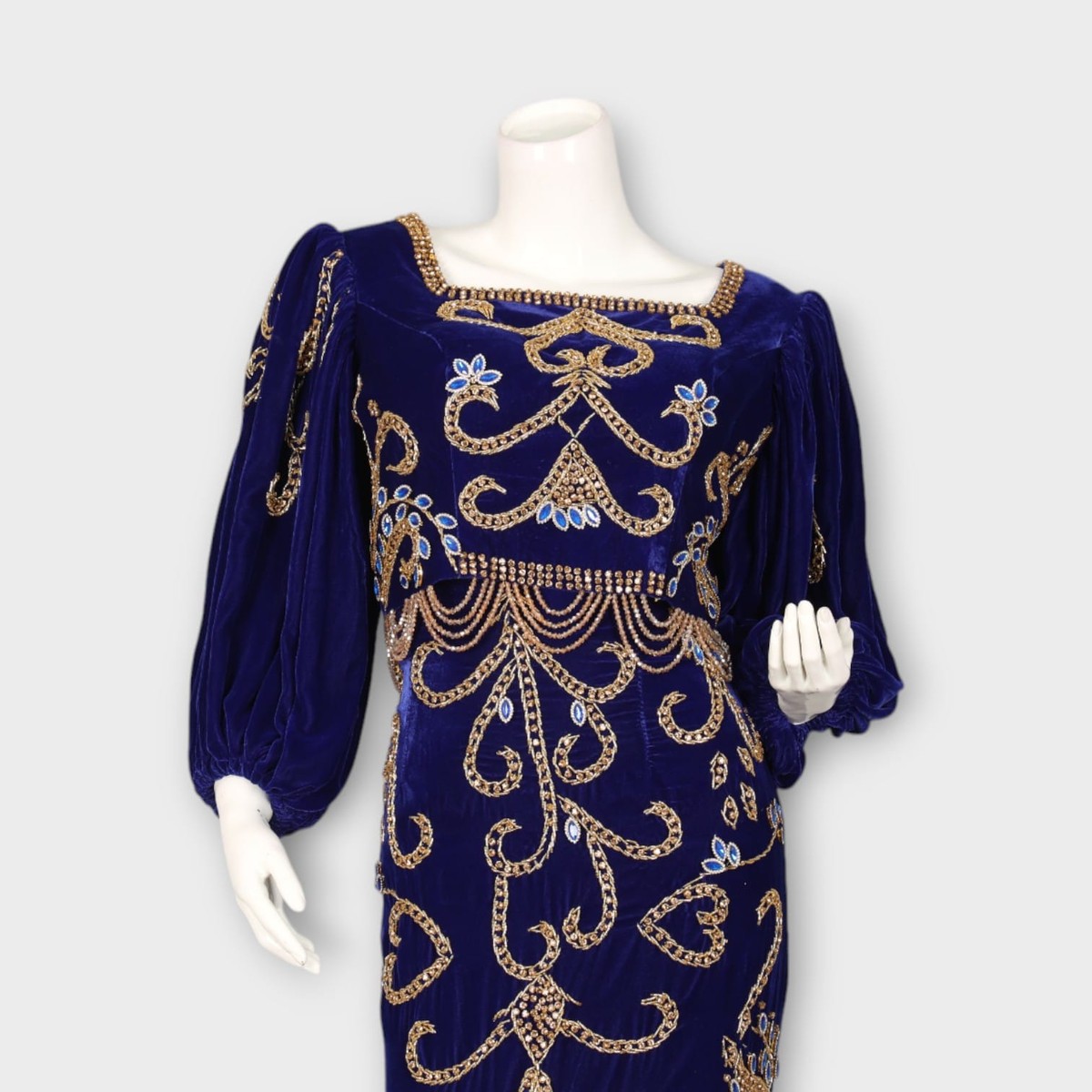 Royal Blue Velvet Fitted Afghani Evening Dress with Gold Embroidery 2