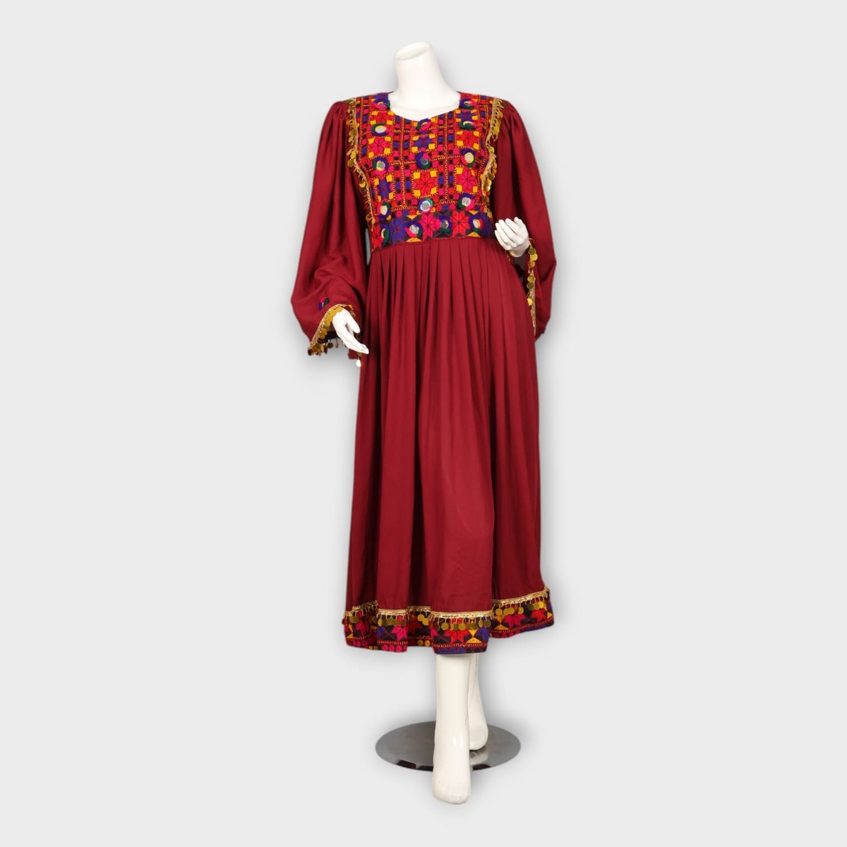 Maroon Traditional Afghani Dress with Colorful Embroidered Chest and Hem 1