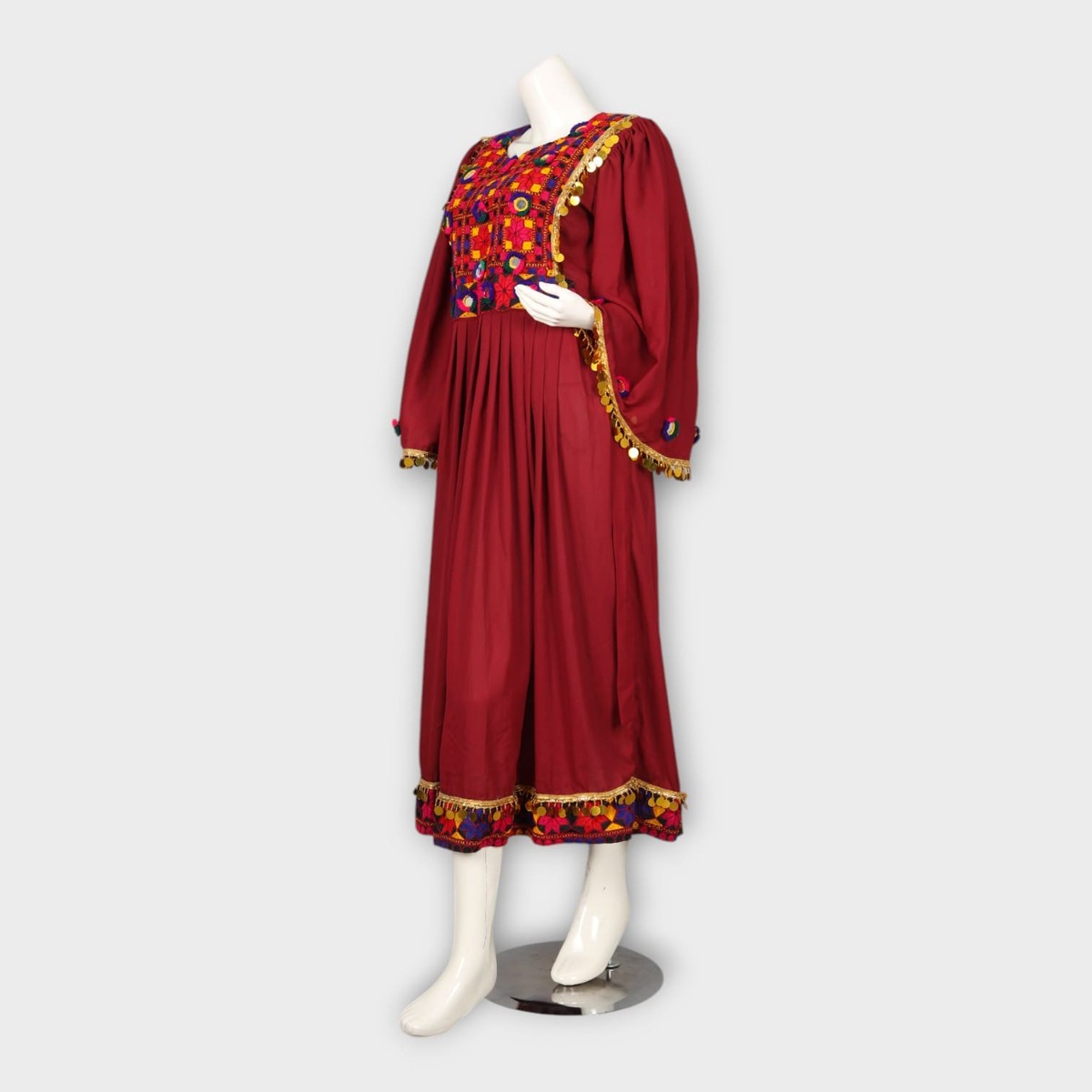 Maroon Traditional Afghani Dress with Colorful Embroidered Chest and Hem 5
