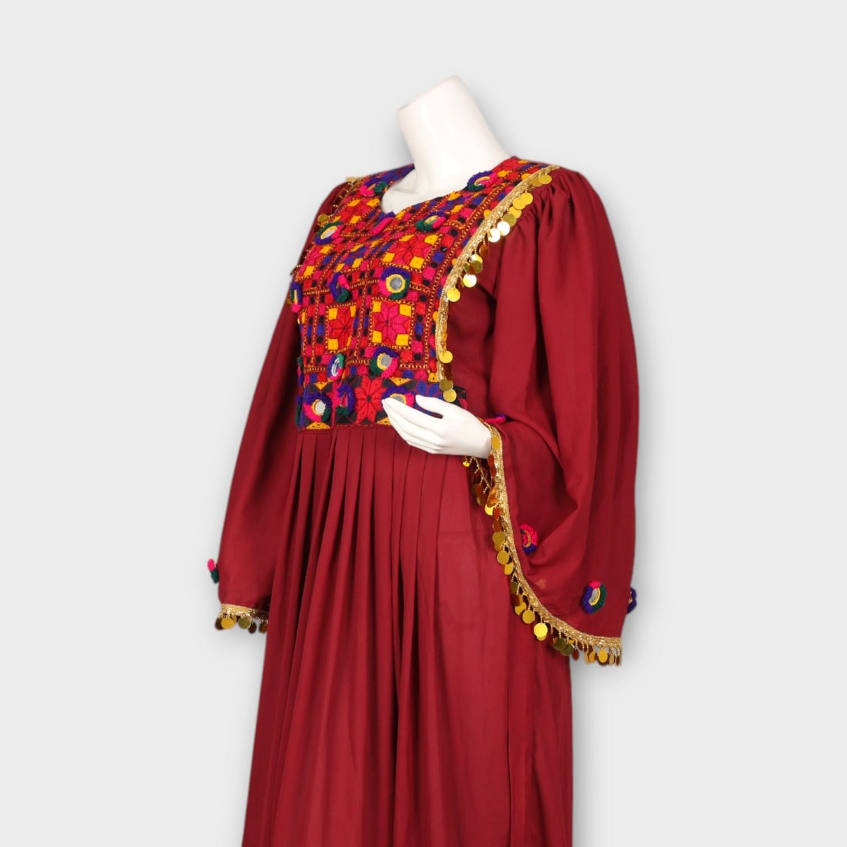 Maroon Traditional Afghani Dress with Colorful Embroidered Chest and Hem 4