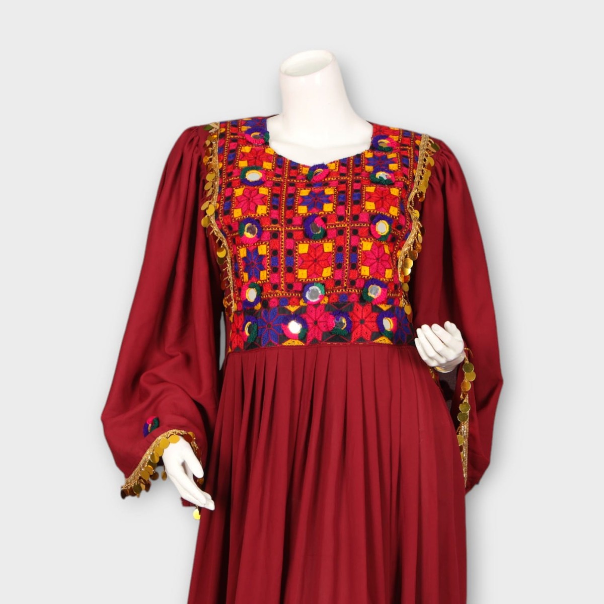 Maroon Traditional Afghani Dress with Colorful Embroidered Chest and Hem 3