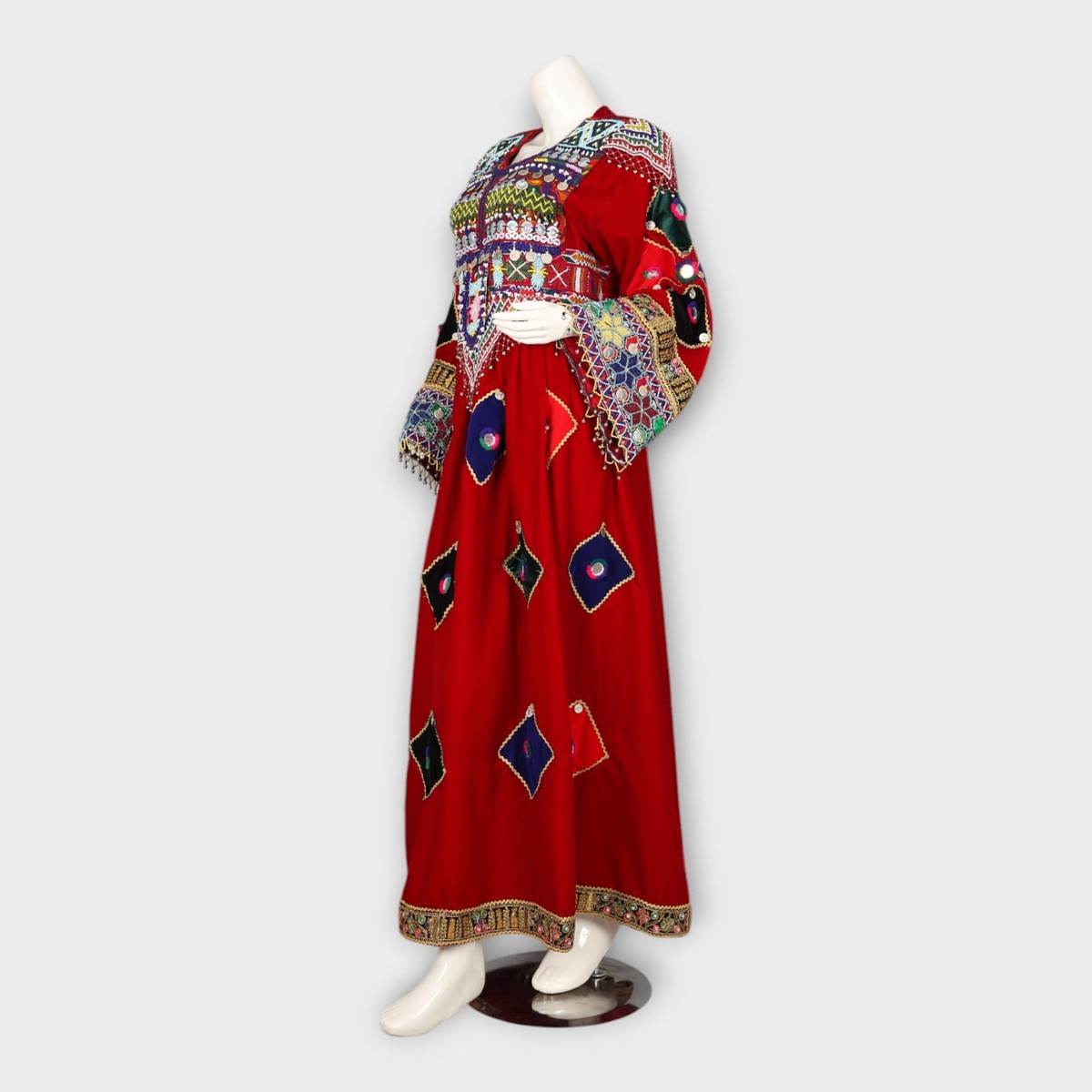 Red Traditional Afghani Dress with Multicolor Embroidery and Mirror Work 2