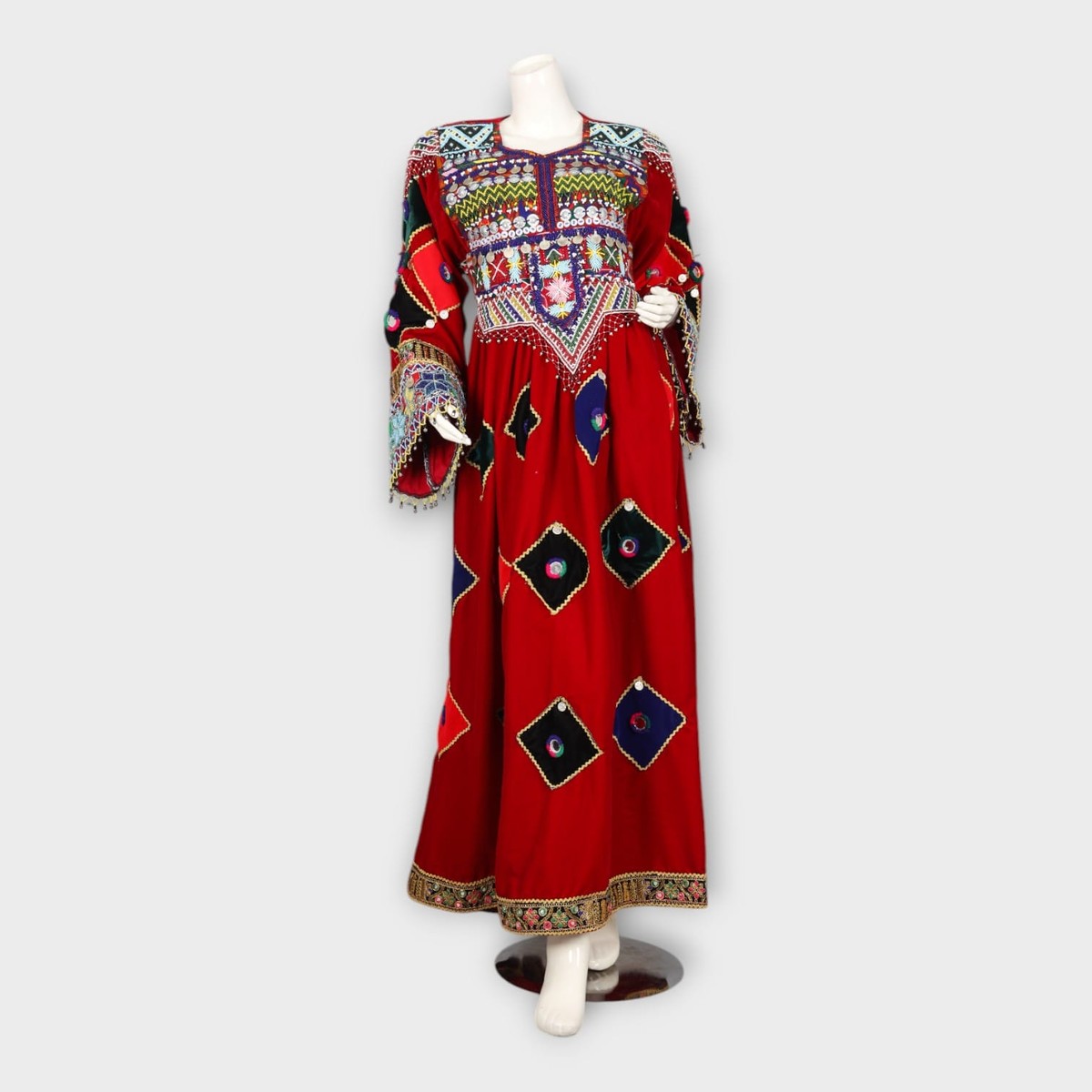 Red Traditional Afghani Dress with Multicolor Embroidery and Mirror Work 5