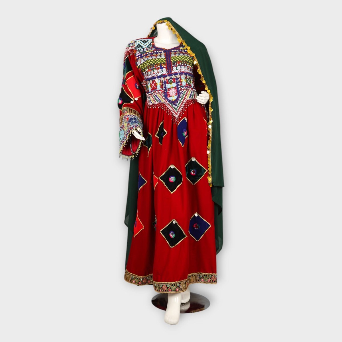 Red Traditional Afghani Dress with Multicolor Embroidery and Mirror Work 3