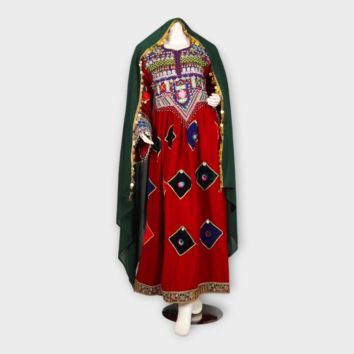 Red Traditional Afghani Dress with Multicolor Embroidery and Mirror Work 1