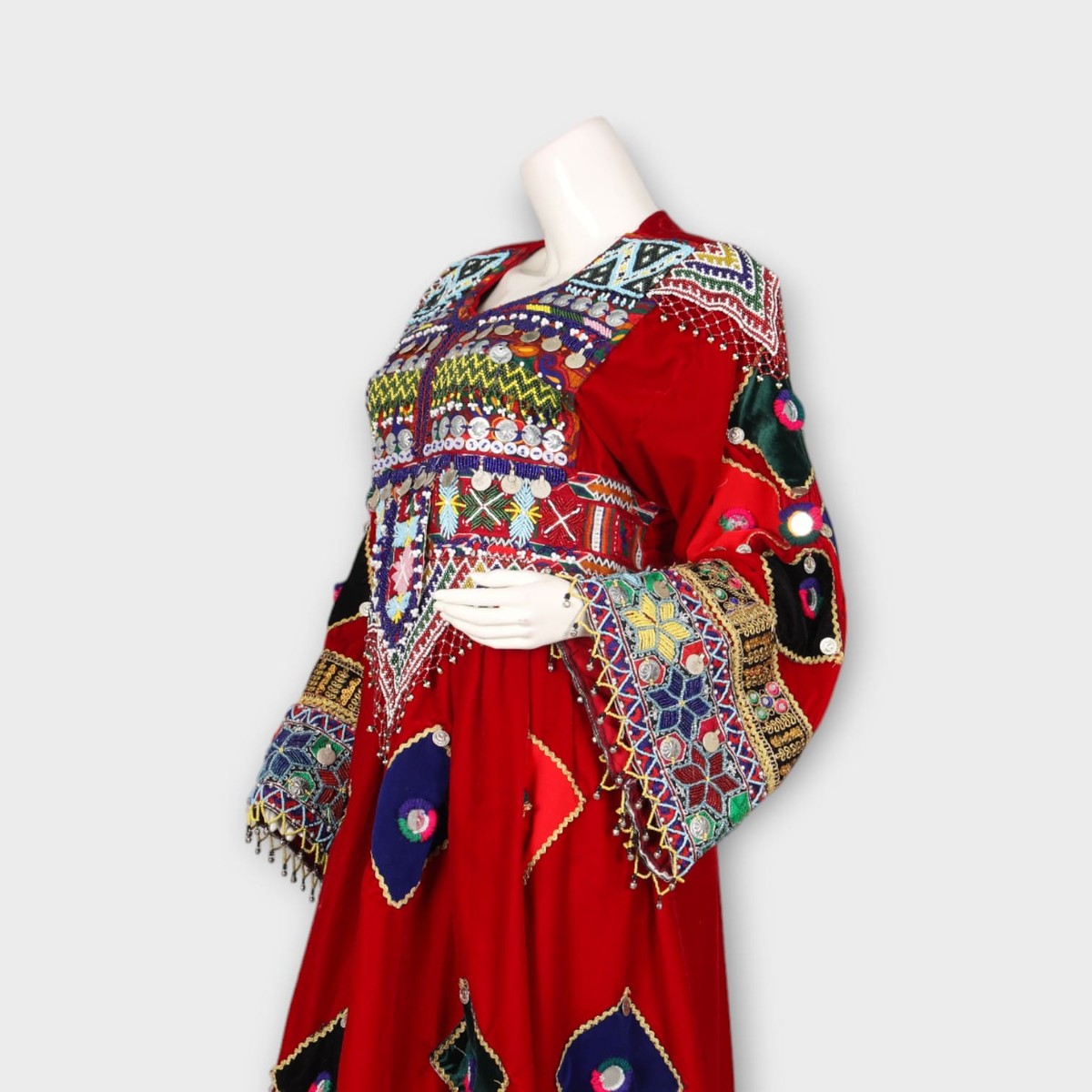 Red Traditional Afghani Dress with Multicolor Embroidery and Mirror Work 7