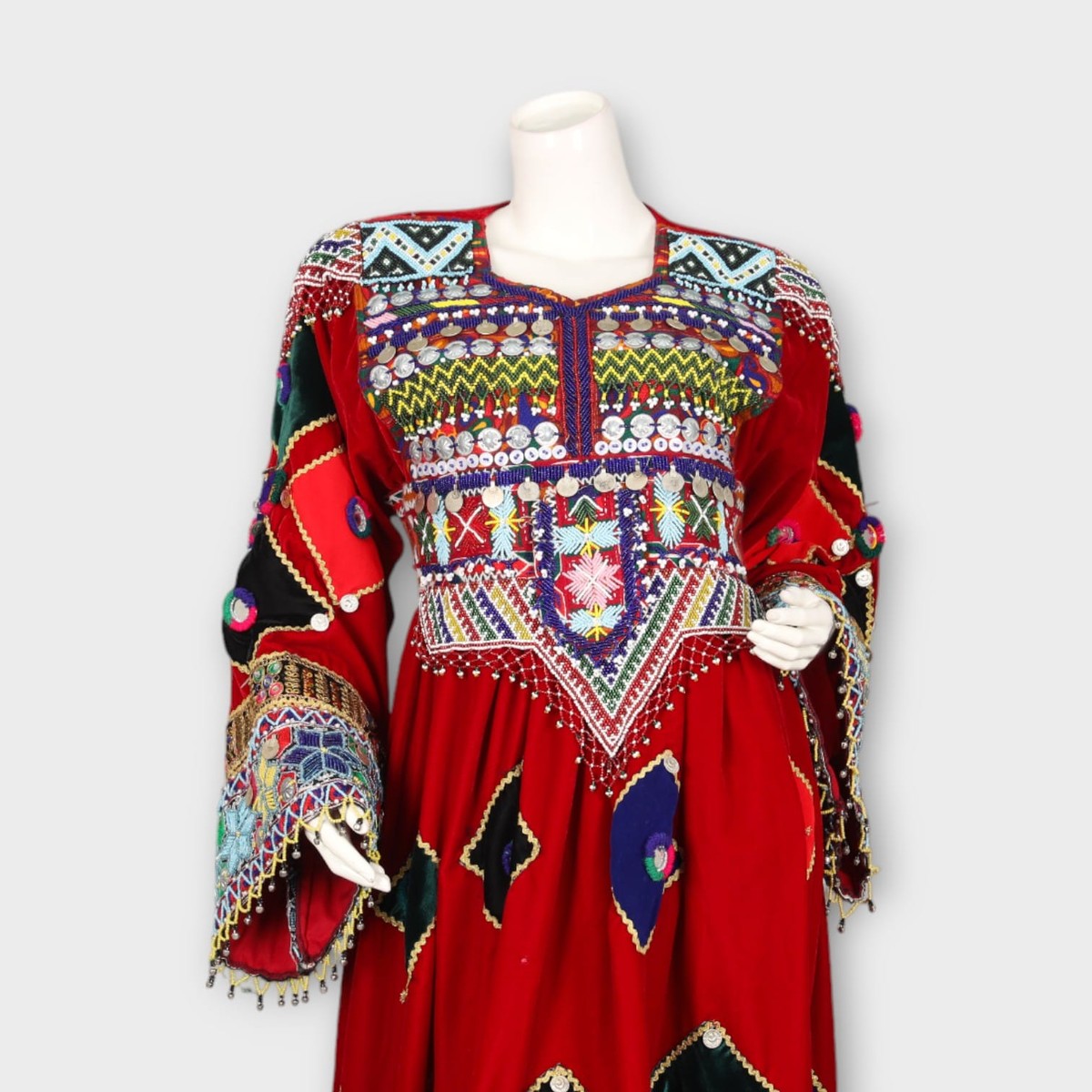 Red Traditional Afghani Dress with Multicolor Embroidery and Mirror Work 6
