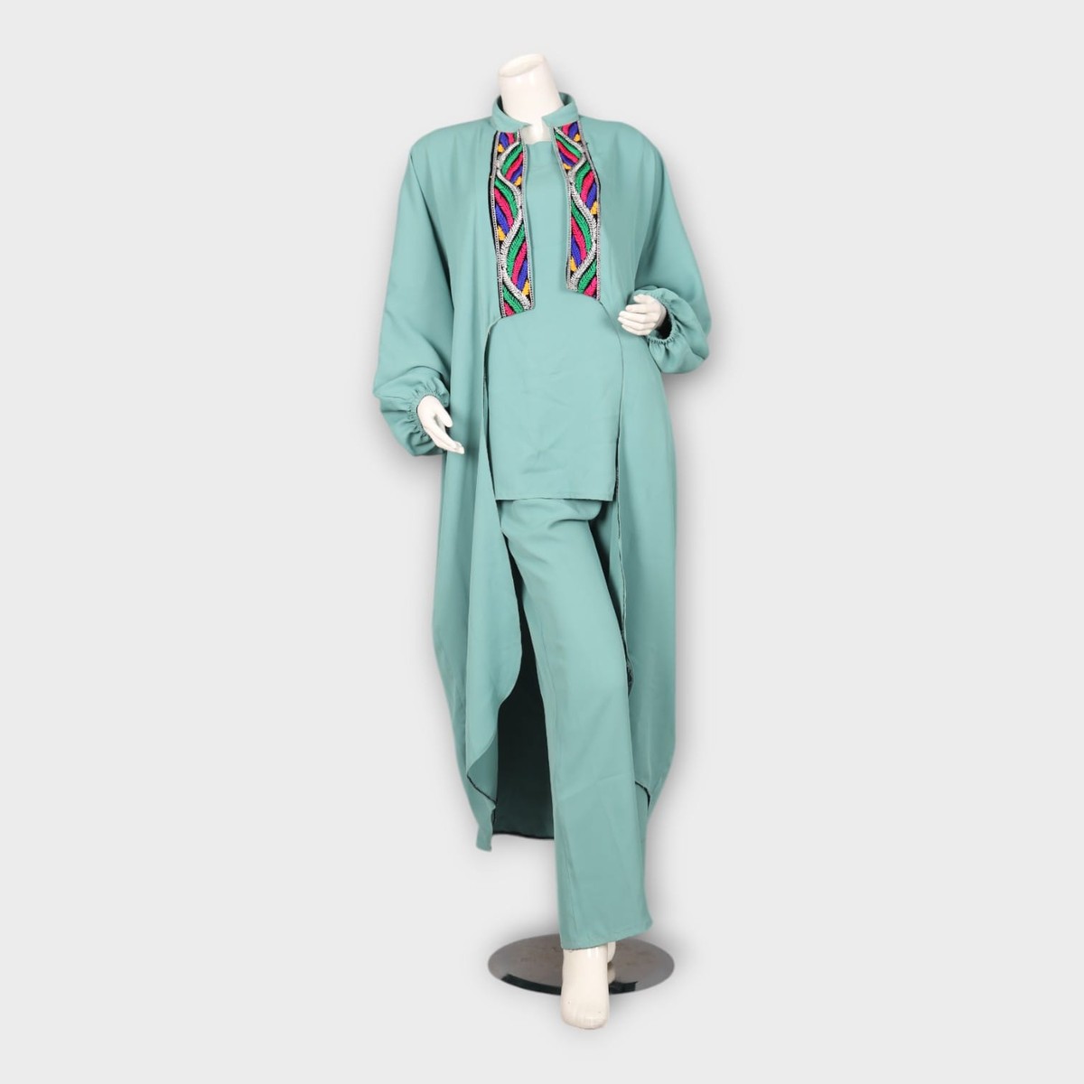 Mint Green Three-Piece Afghani Modern Front Open Dress 5