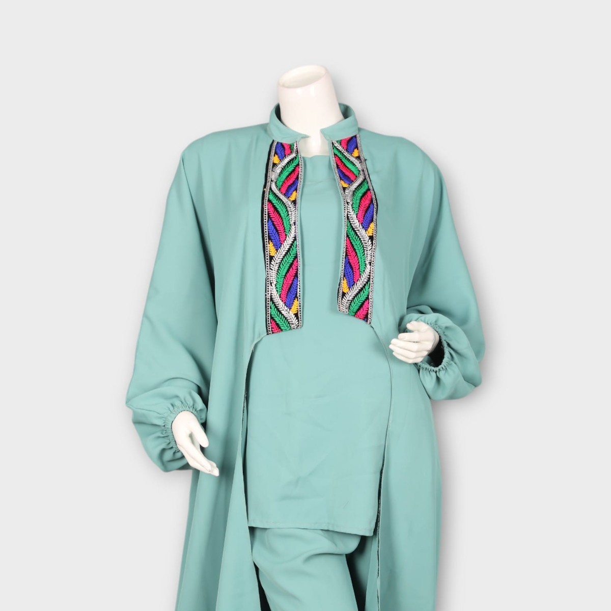Mint Green Three-Piece Afghani Modern Front Open Dress 3